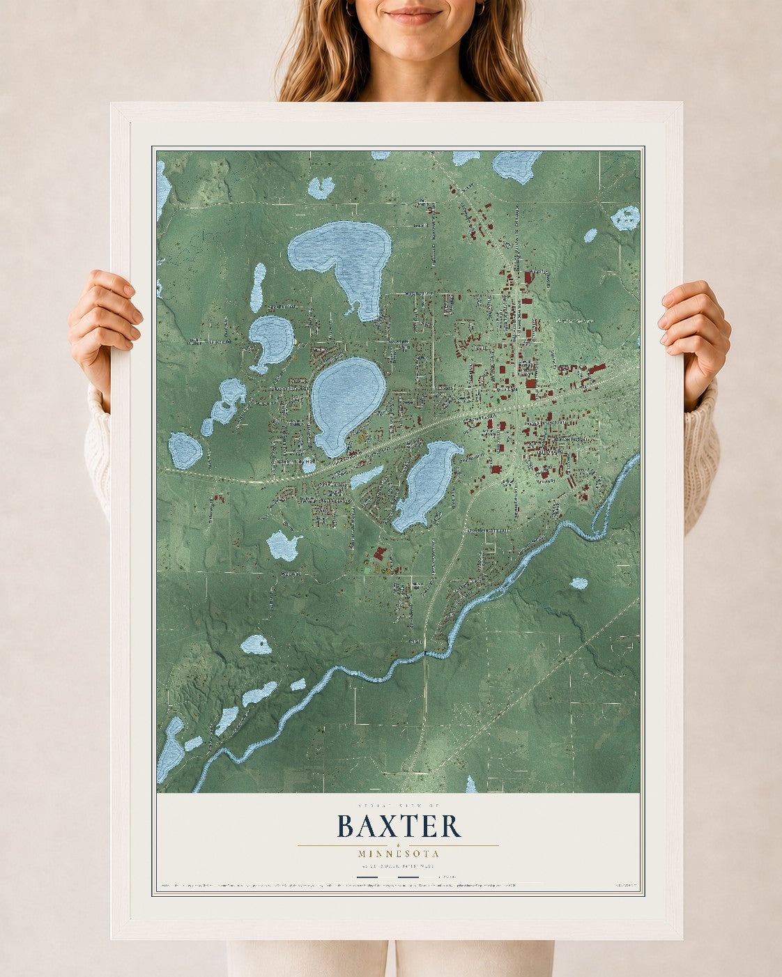 Map of Baxter, Minnesota, 24 x 36 inch print in a white wood frame
