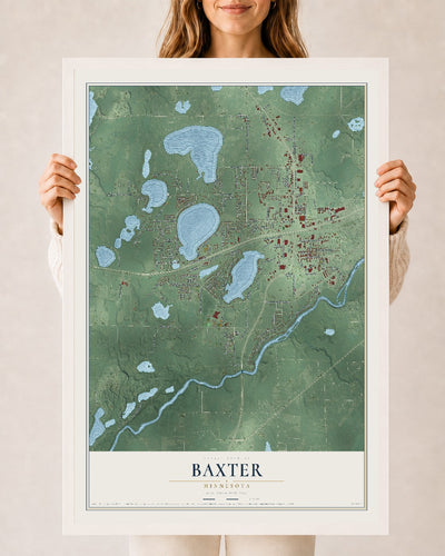 Map of Baxter, Minnesota, 24 x 36 inch print in a white wood frame