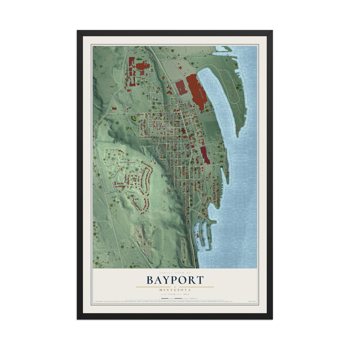 Map of Bayport, Minnesota, 12 x 18 inch print in a black wood frame