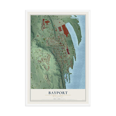 Map of Bayport, Minnesota, 12 x 18 inch print in a white wood frame