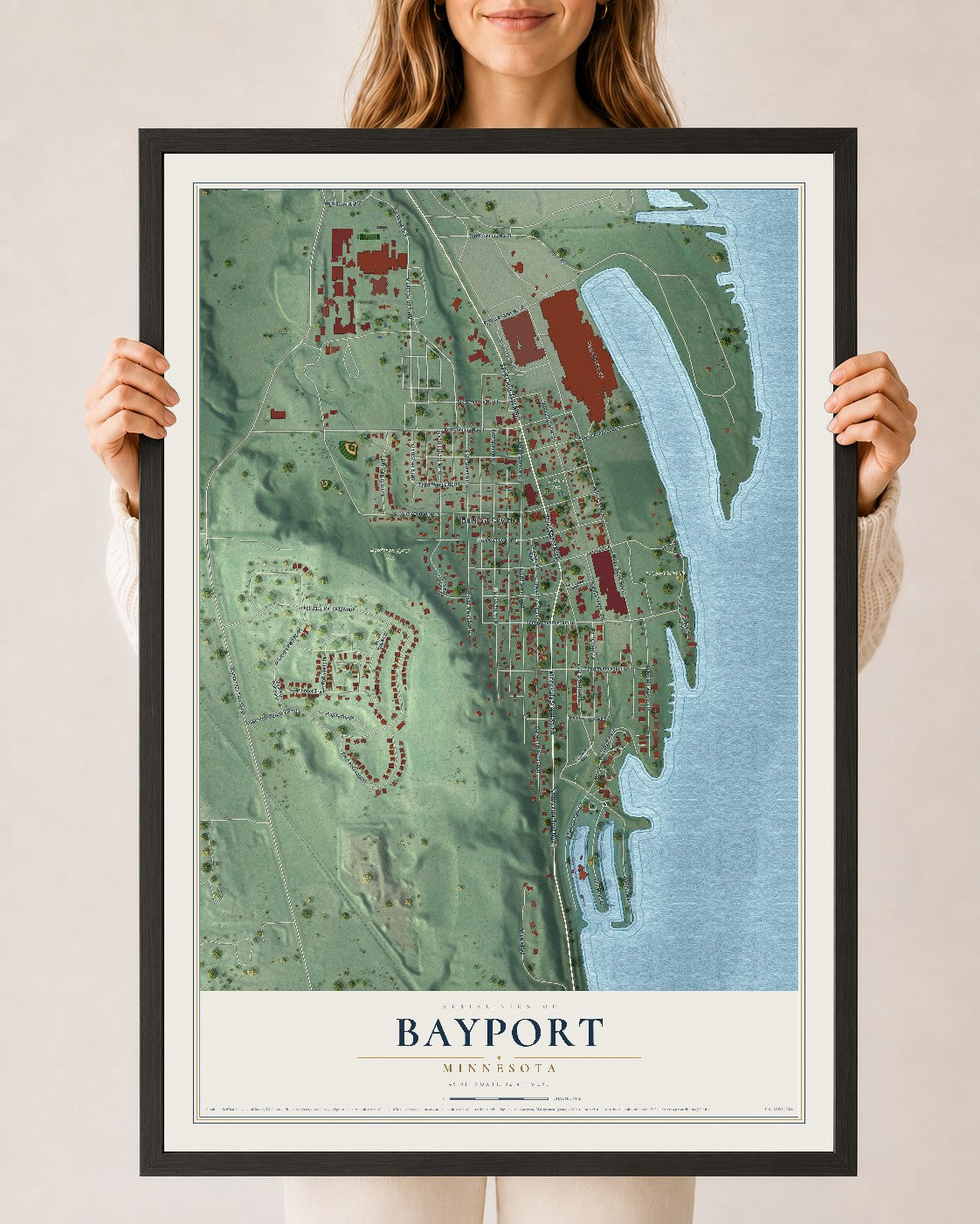 Map of Bayport, Minnesota, 24 x 36 inch print in a black wood frame