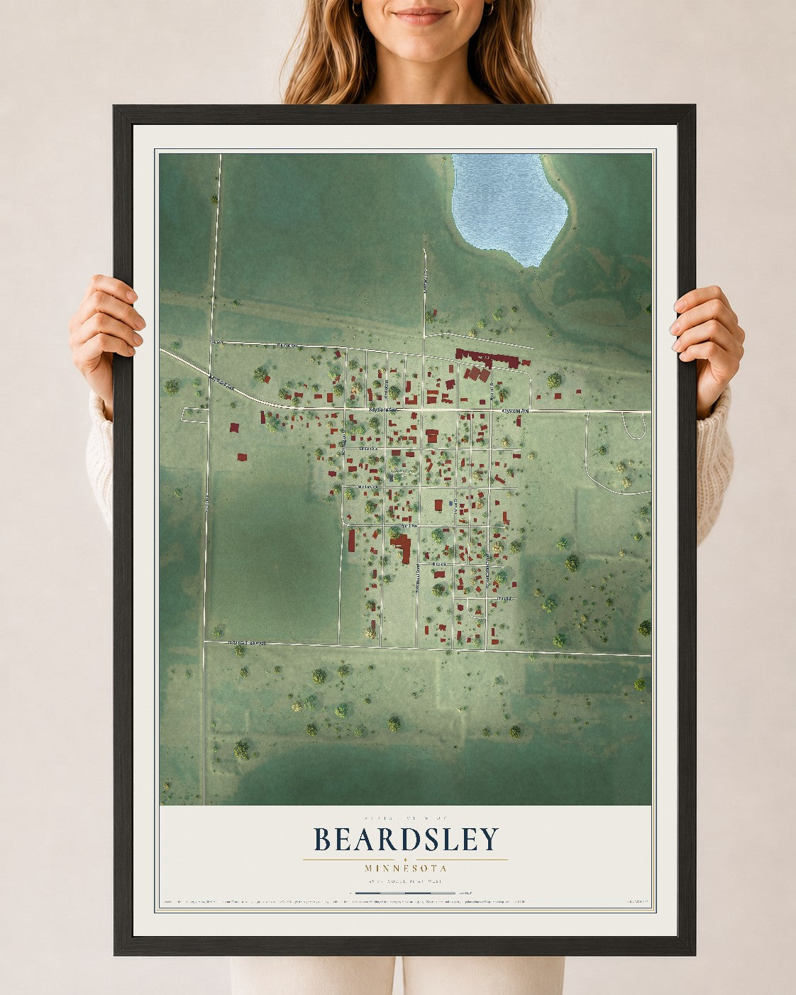 Map of Beardsley, Minnesota, 24 x 36 inch print in a black wood frame