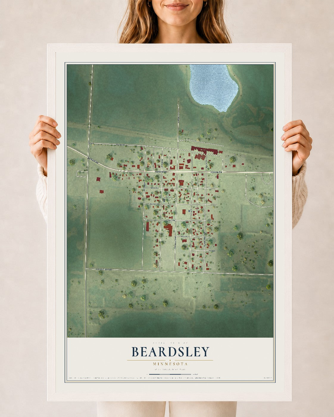 Map of Beardsley, Minnesota, 24 x 36 inch print in a white wood frame