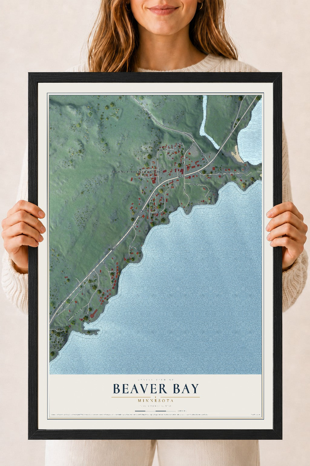 Map of Beaver Bay, Minnesota, 18 x 24 inch print in a black wood frame