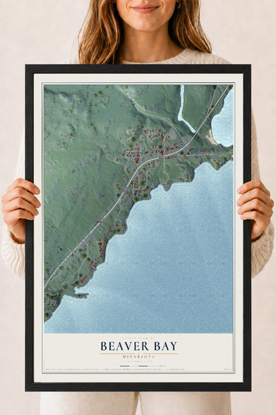 Map of Beaver Bay, Minnesota, 18 x 24 inch print in a black wood frame