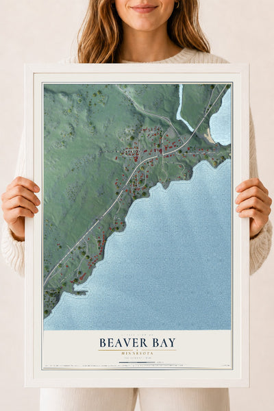 Map of Beaver Bay, Minnesota, 18 x 24 inch print in a white wood frame