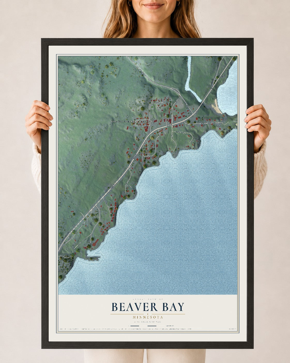 Map of Beaver Bay, Minnesota, 24 x 36 inch print in a black wood frame