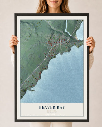 Map of Beaver Bay, Minnesota, 24 x 36 inch print in a black wood frame