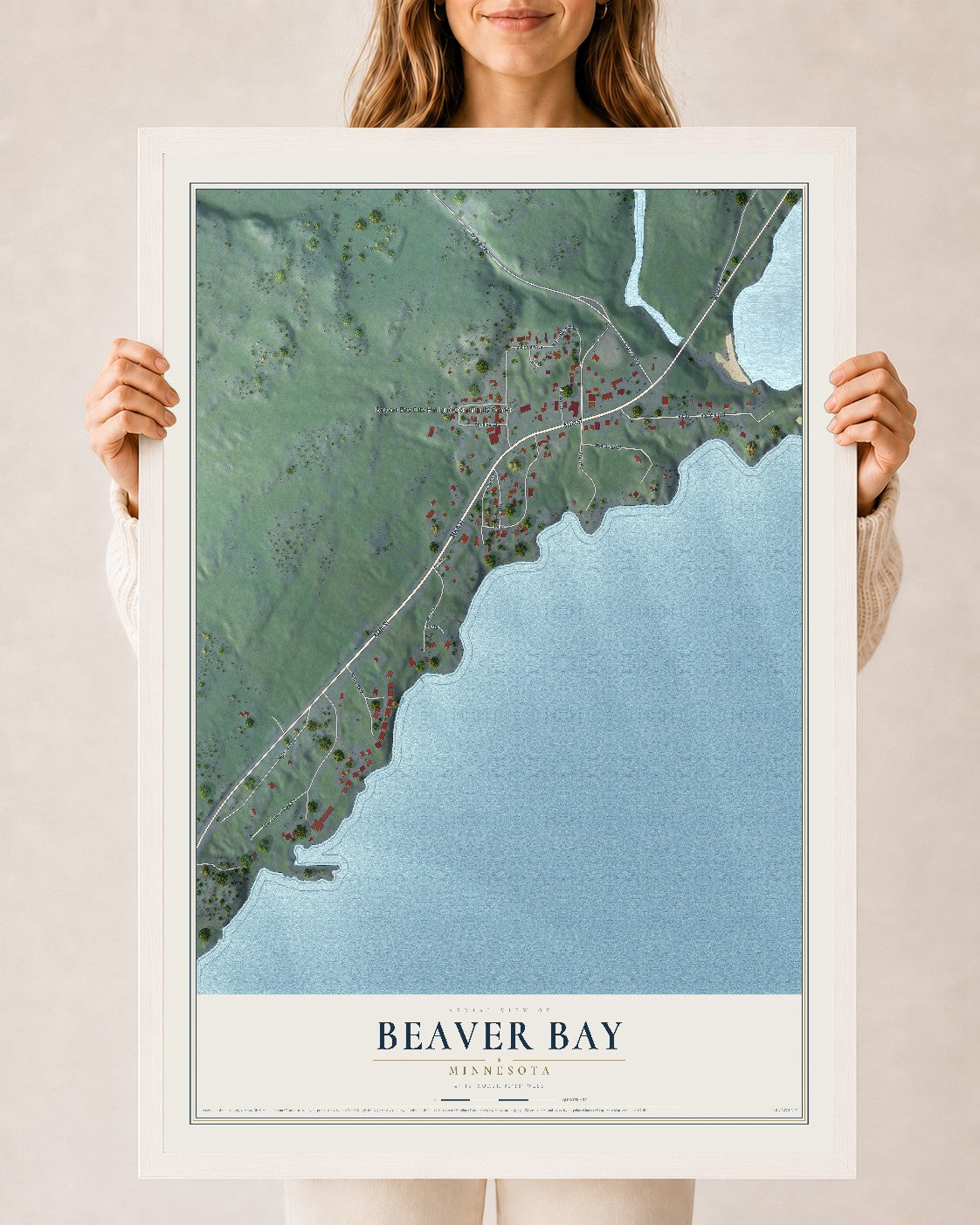 Map of Beaver Bay, Minnesota, 24 x 36 inch print in a white wood frame