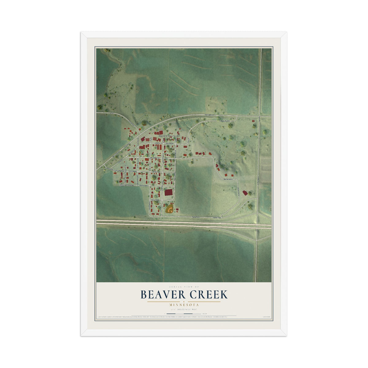 Map of Beaver Creek, Minnesota, 12 x 18 inch print in a white wood frame