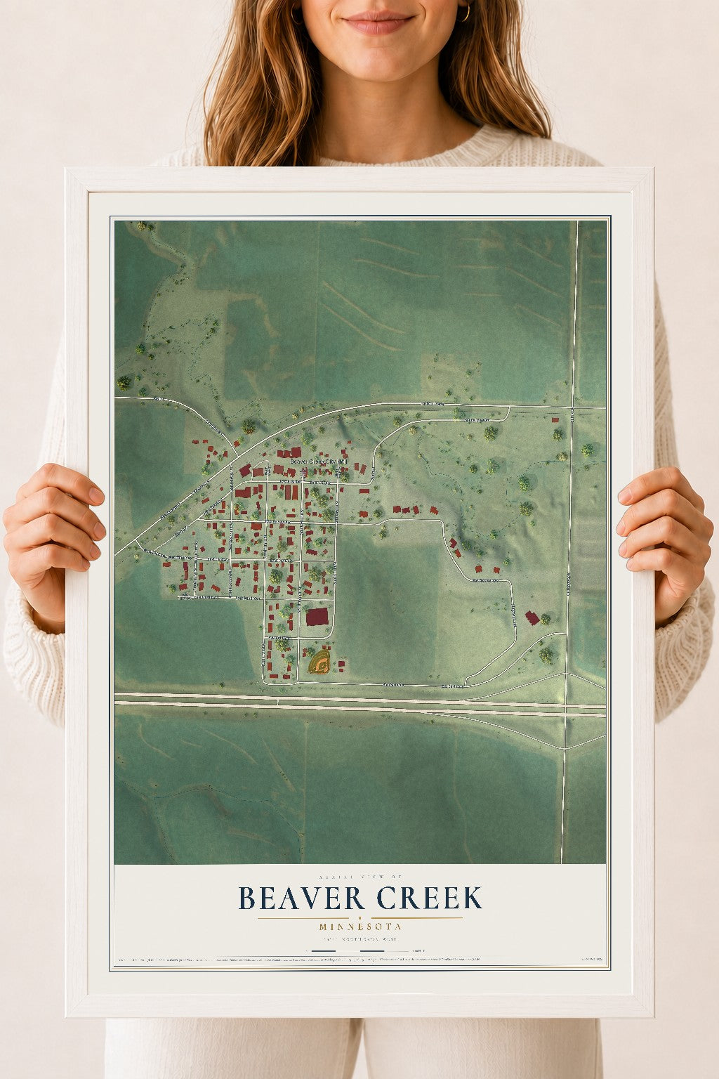 Map of Beaver Creek, Minnesota, 18 x 24 inch print in a white wood frame