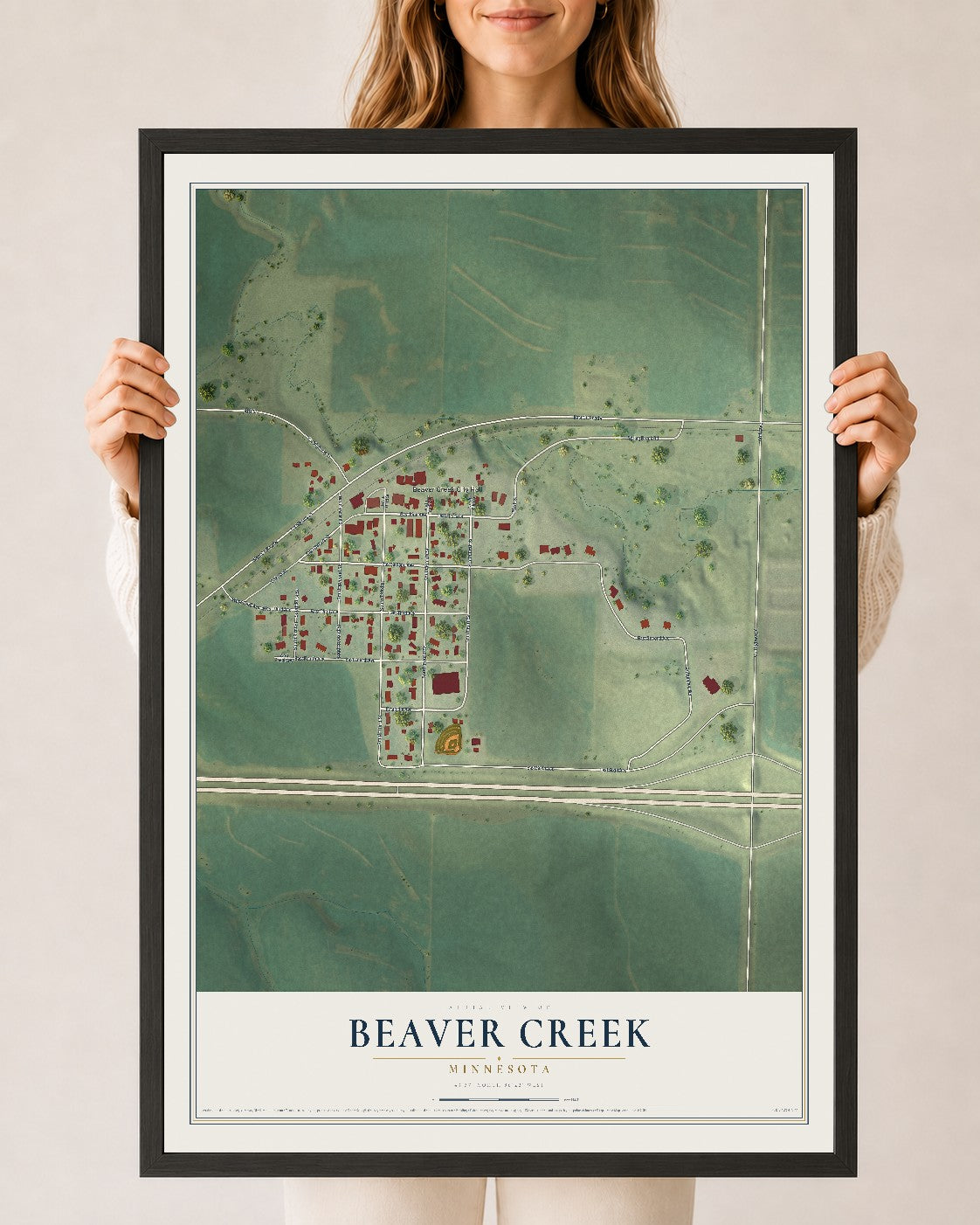 Map of Beaver Creek, Minnesota, 24 x 36 inch print in a black wood frame