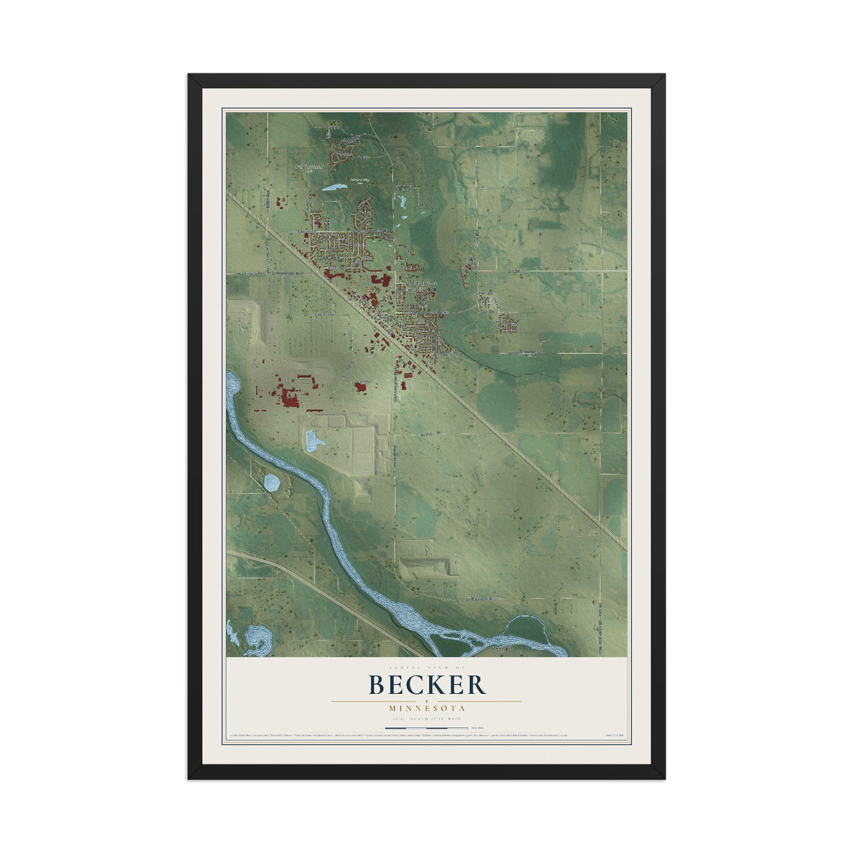 Map of Becker, Minnesota, 12 x 18 inch print in a black wood frame