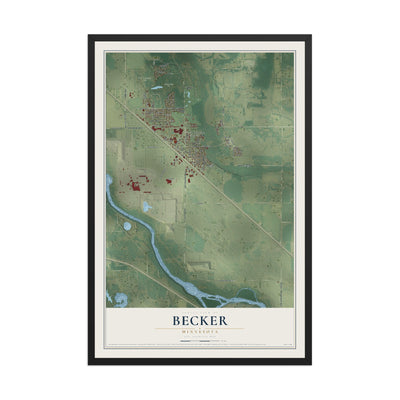 Map of Becker, Minnesota, 12 x 18 inch print in a black wood frame