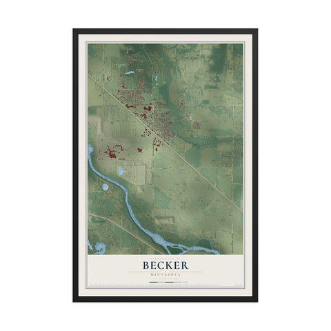 Map of Becker, Minnesota, 12 x 18 inch print in a black wood frame