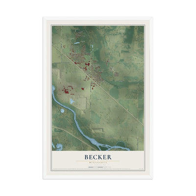 Map of Becker, Minnesota, 12 x 18 inch print in a white wood frame