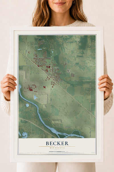Map of Becker, Minnesota, 18 x 24 inch print in a white wood frame