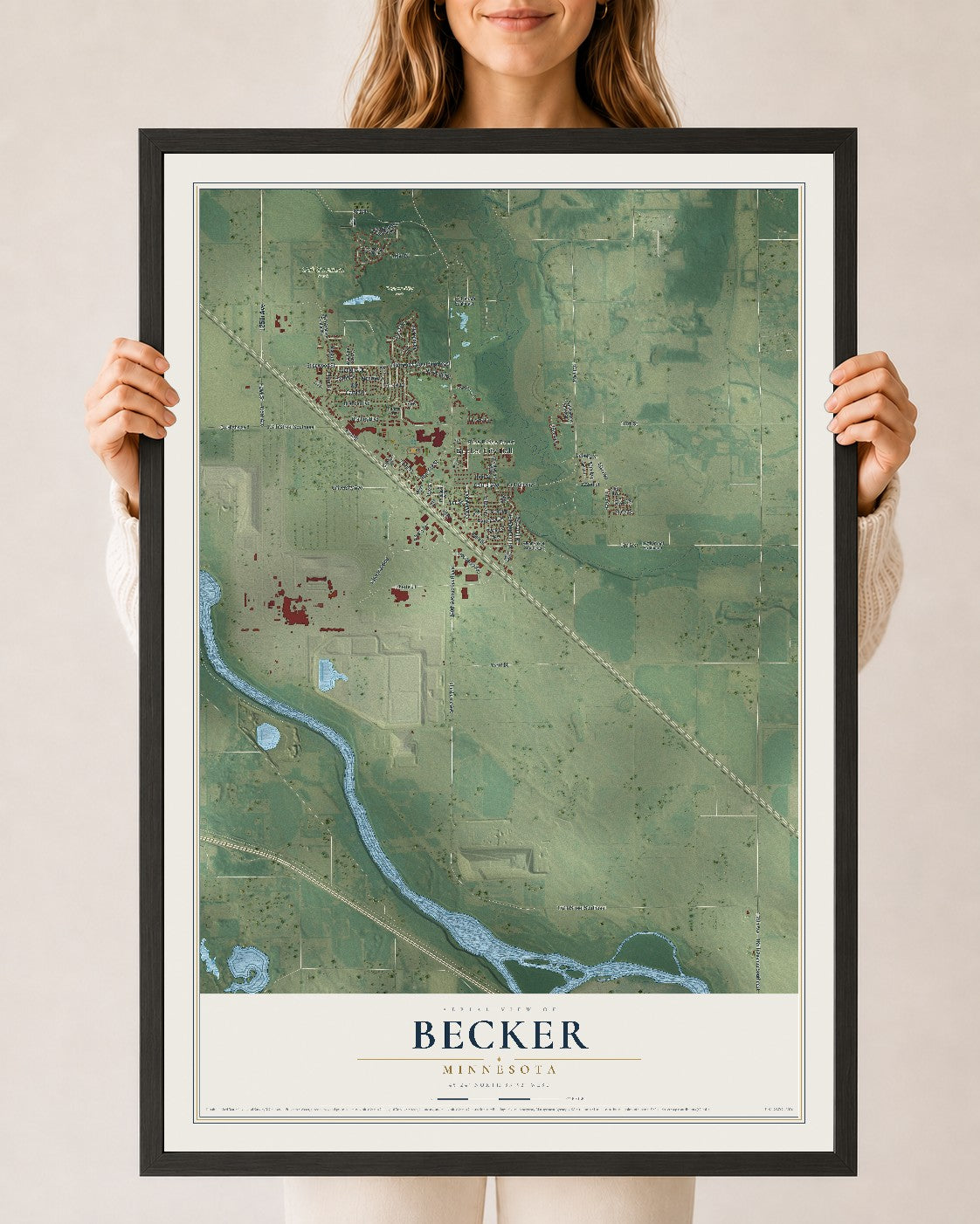 Map of Becker, Minnesota, 24 x 36 inch print in a black wood frame