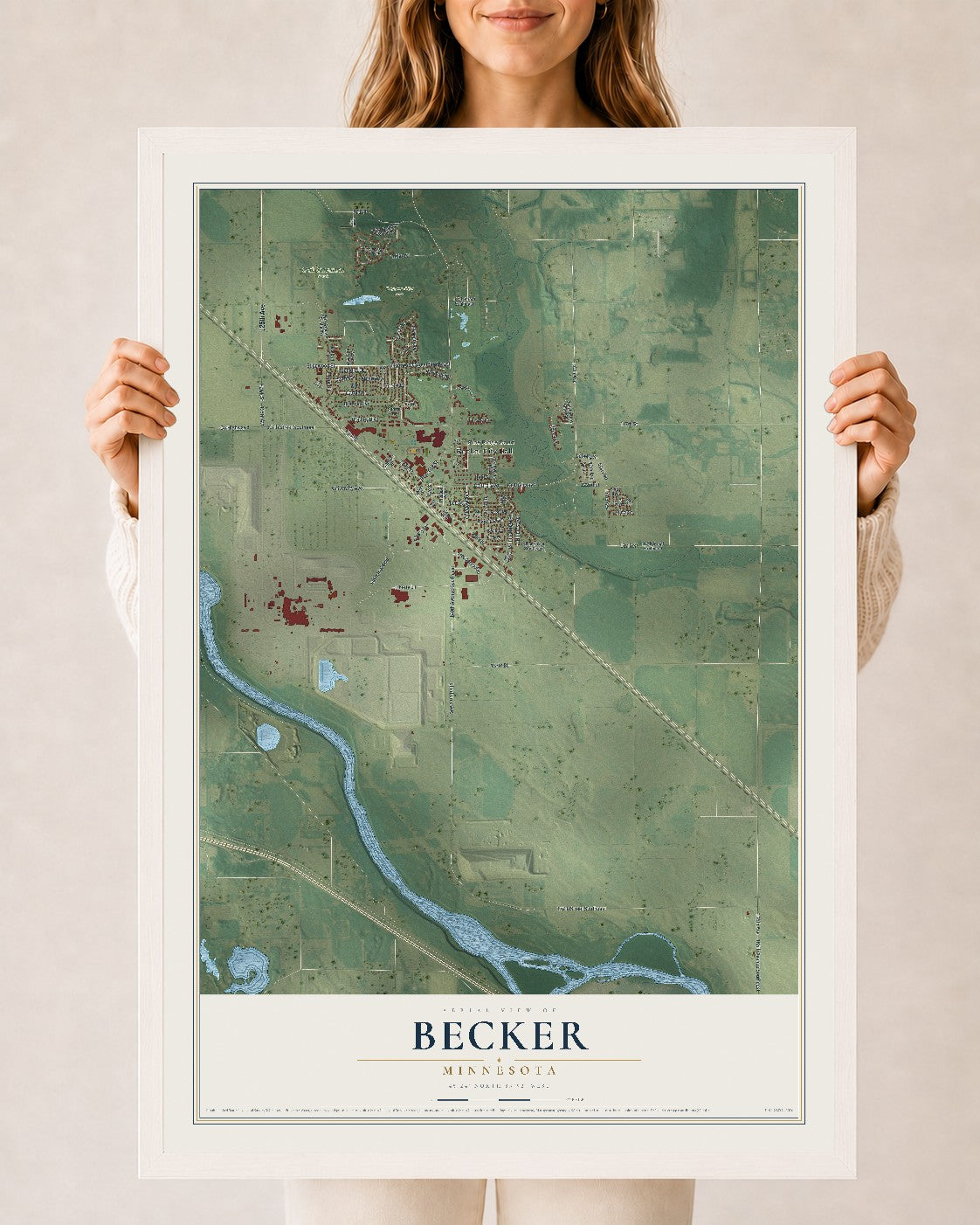Map of Becker, Minnesota, 24 x 36 inch print in a white wood frame