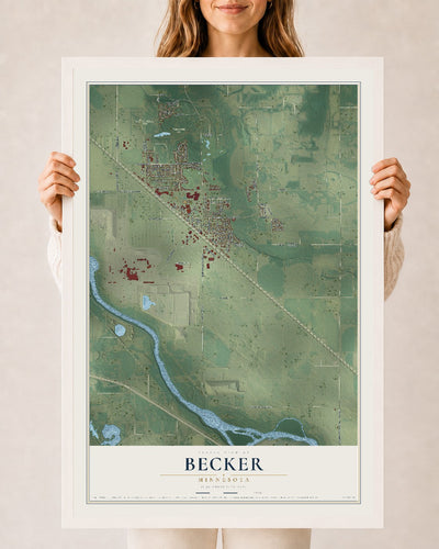Map of Becker, Minnesota, 24 x 36 inch print in a white wood frame