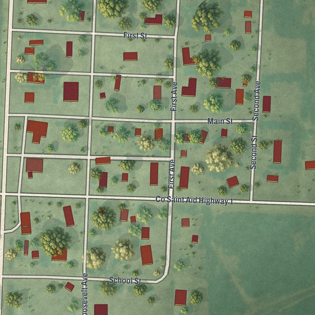 Close-up of the map of Bejou, Minnesota print showing street and building detail