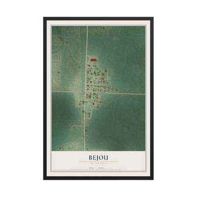 Map of Bejou, Minnesota, 12 x 18 inch print in a black wood frame
