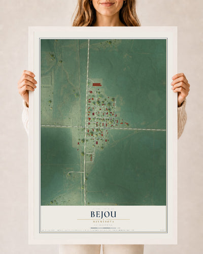 Map of Bejou, Minnesota, 24 x 36 inch print in a white wood frame