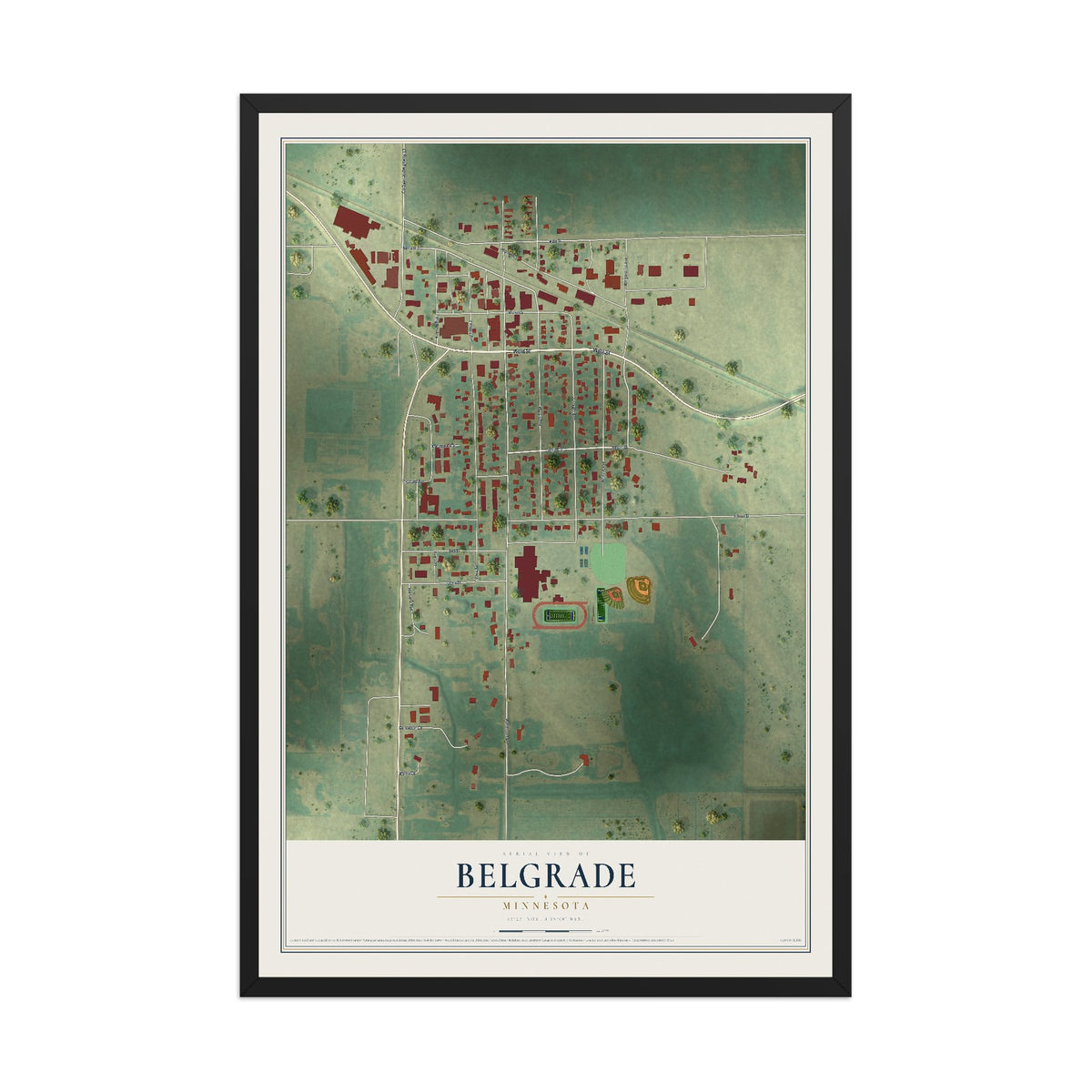Map of Belgrade, Minnesota, 12 x 18 inch print in a black wood frame