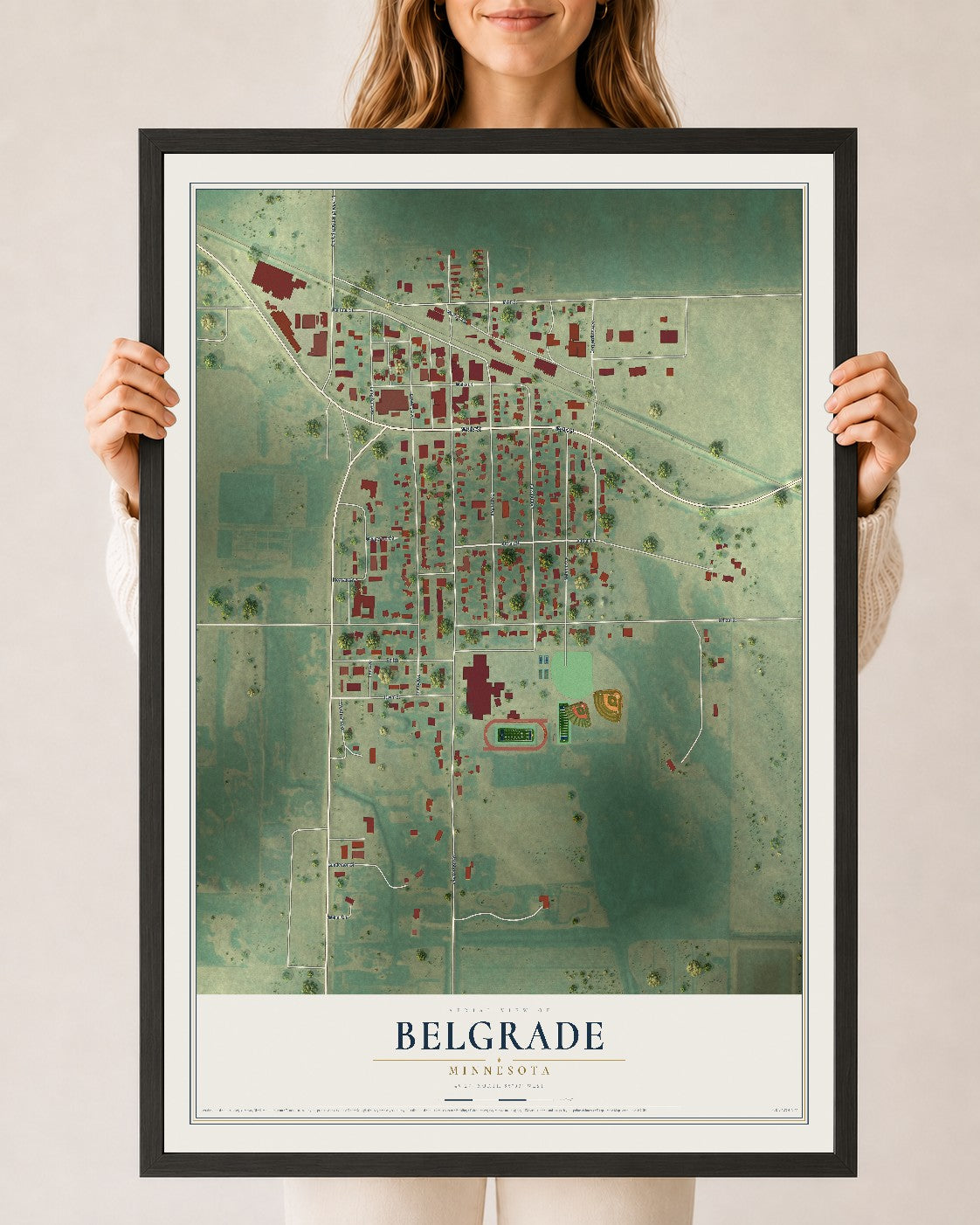 Map of Belgrade, Minnesota, 24 x 36 inch print in a black wood frame