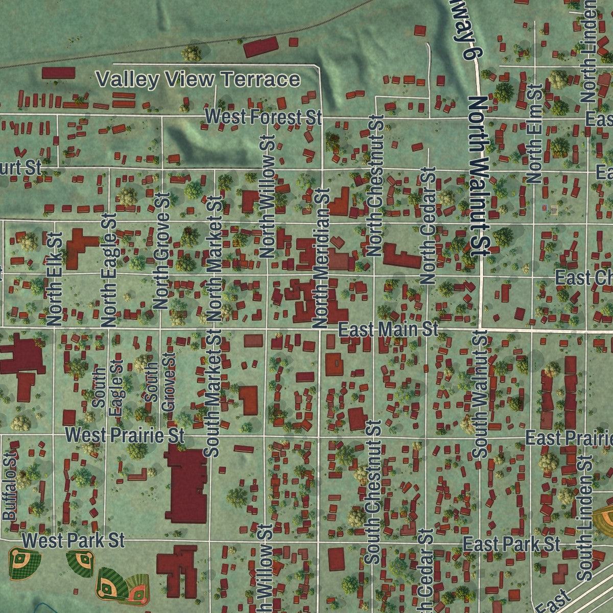 Close-up of the map of Belle Plaine, Minnesota print showing street and building detail