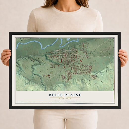Map of Belle Plaine, Minnesota, 12 x 18 inch print in a black wood frame