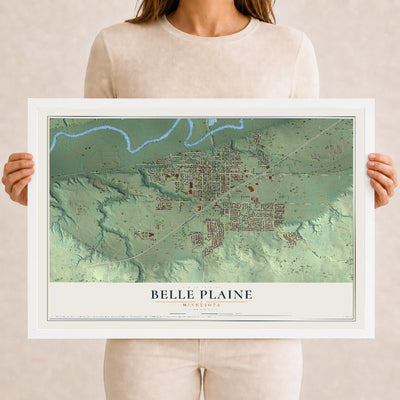 Map of Belle Plaine, Minnesota, 12 x 18 inch print in a white wood frame