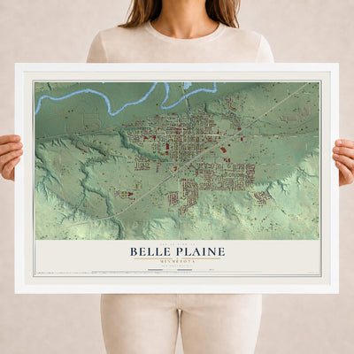 Map of Belle Plaine, Minnesota, 18 x 24 inch print in a white wood frame