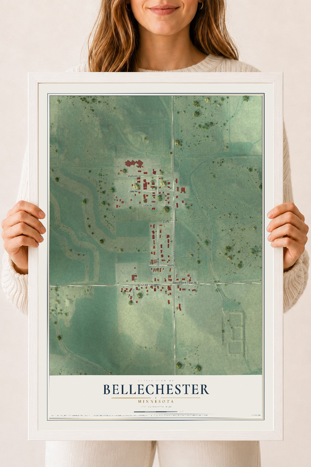 Map of Bellechester, Minnesota, 18 x 24 inch print in a white wood frame