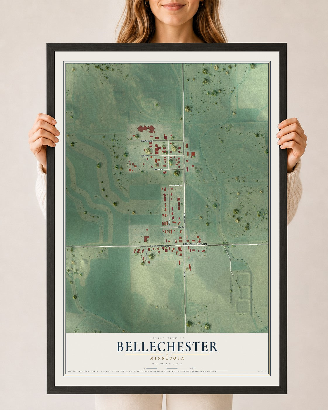 Map of Bellechester, Minnesota, 24 x 36 inch print in a black wood frame