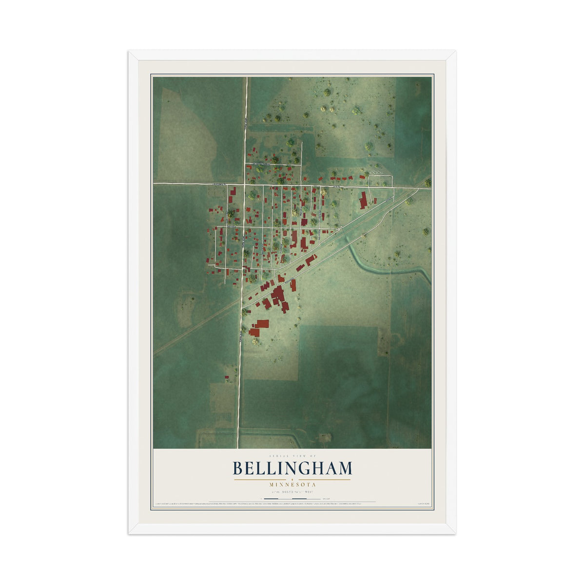 Map of Bellingham, Minnesota, 12 x 18 inch print in a white wood frame