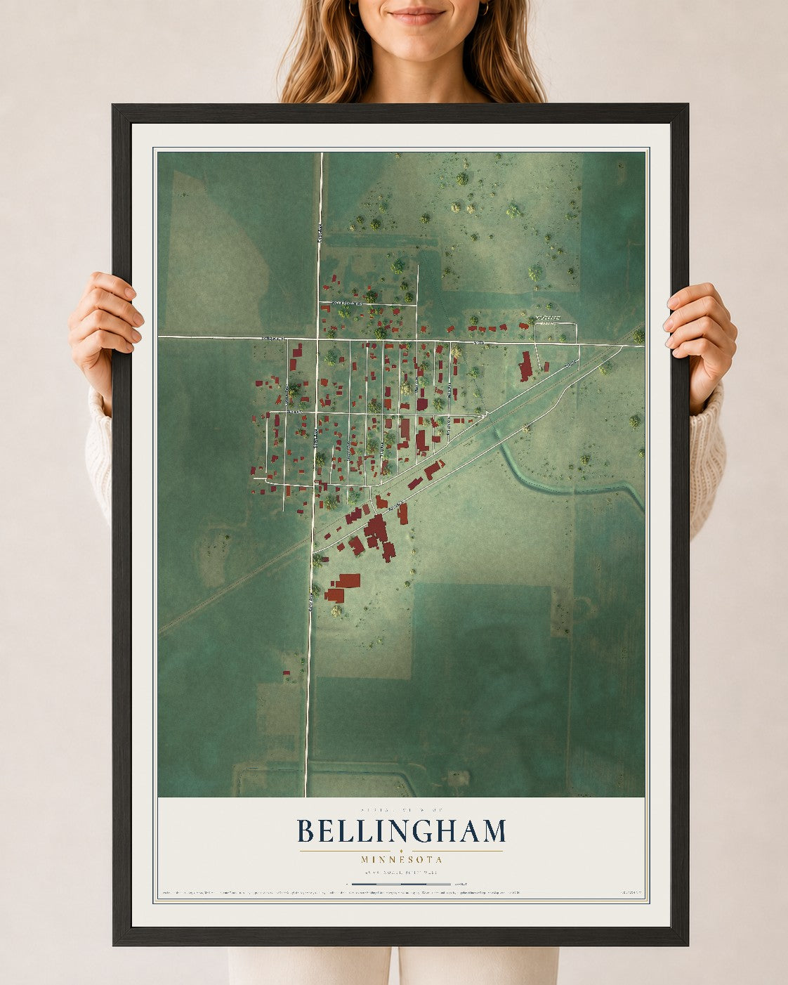 Map of Bellingham, Minnesota, 24 x 36 inch print in a black wood frame