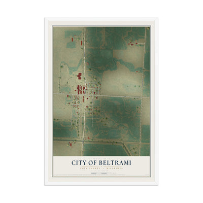 Map of Beltrami, Minnesota, 12 x 18 inch print in a white wood frame