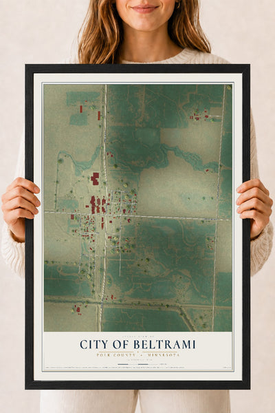 Map of Beltrami, Minnesota, 18 x 24 inch print in a black wood frame