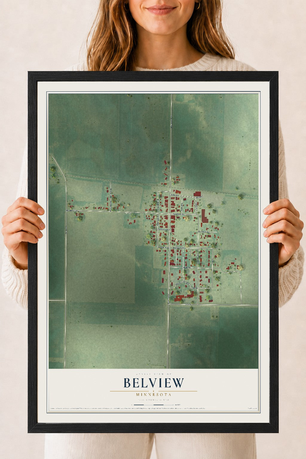 Map of Belview, Minnesota, 18 x 24 inch print in a black wood frame