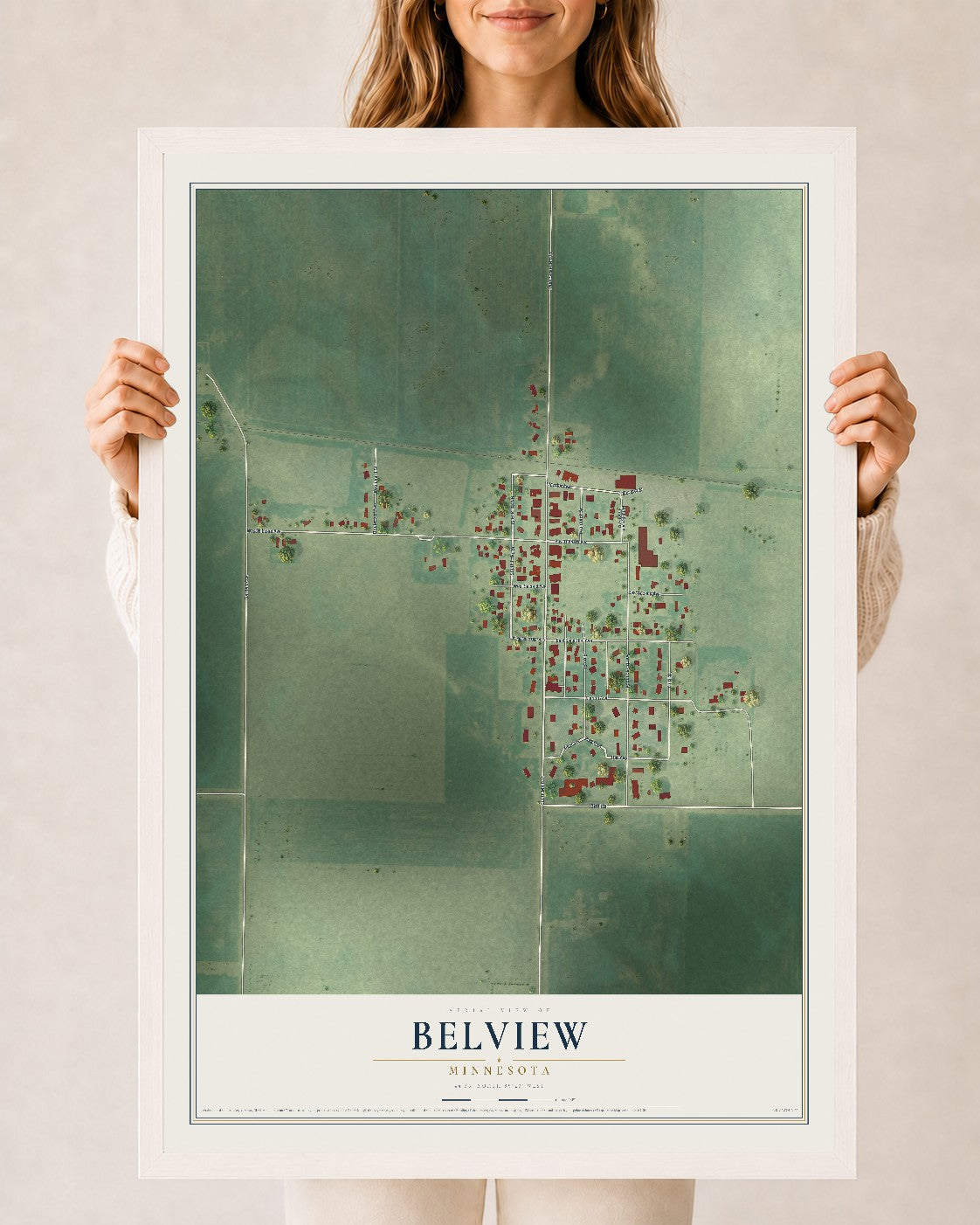 Map of Belview, Minnesota, 24 x 36 inch print in a white wood frame