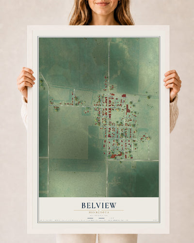 Map of Belview, Minnesota, 24 x 36 inch print in a white wood frame