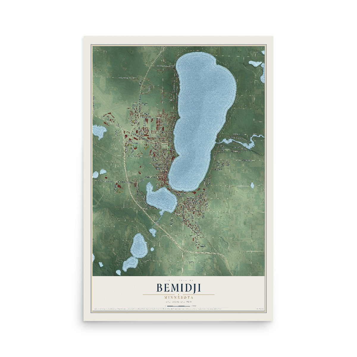 Map of Bemidji, Minnesota, 12 x 18 inch unframed archival matte print