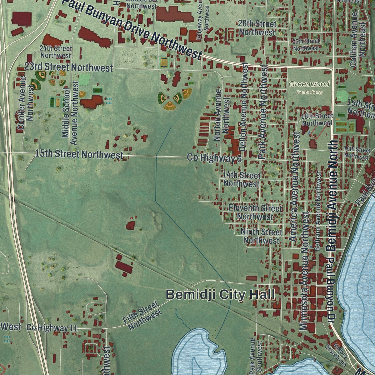 Close-up of the map of Bemidji, Minnesota print showing street and building detail