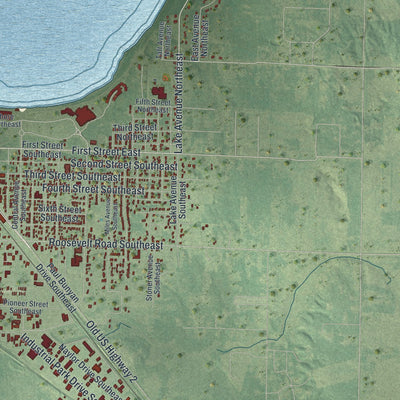 Second close-up of the map of Bemidji, Minnesota print showing more streets and buildings