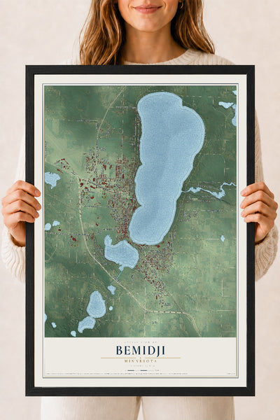 Map of Bemidji, Minnesota, 18 x 24 inch print in a black wood frame