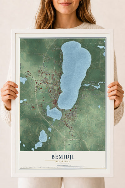 Map of Bemidji, Minnesota, 18 x 24 inch print in a white wood frame