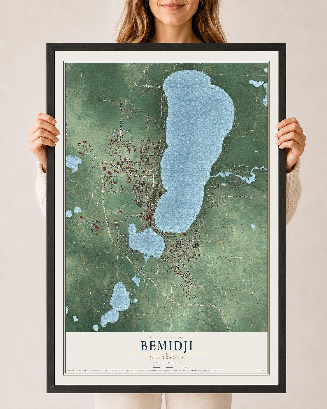 Map of Bemidji, Minnesota, 24 x 36 inch print in a black wood frame