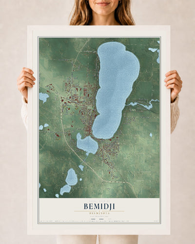 Map of Bemidji, Minnesota, 24 x 36 inch print in a white wood frame
