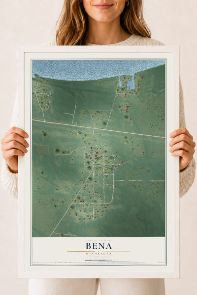 Map of Bena, Minnesota, 18 x 24 inch print in a white wood frame